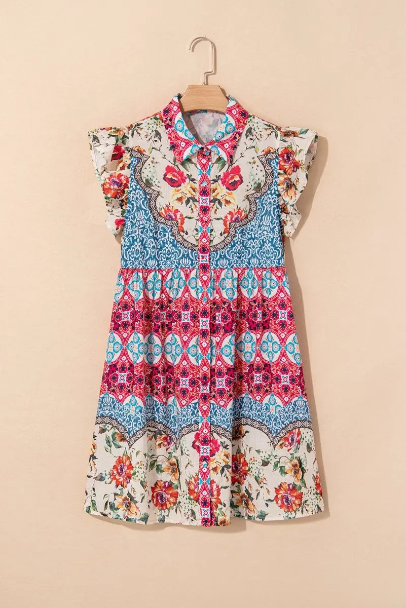 Rose Floral Mixed Pattern Ruffle Flutter Sleeve Dress - Love Salve